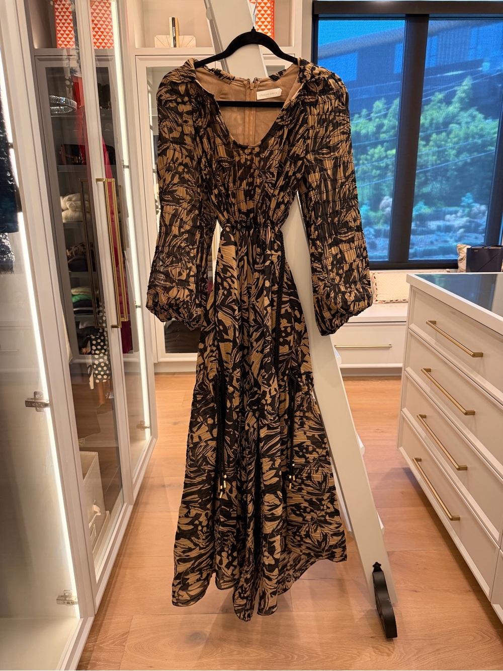 Jonathan Simkhai Black and Tan Floral Print Long Sleeve Maxi Dress